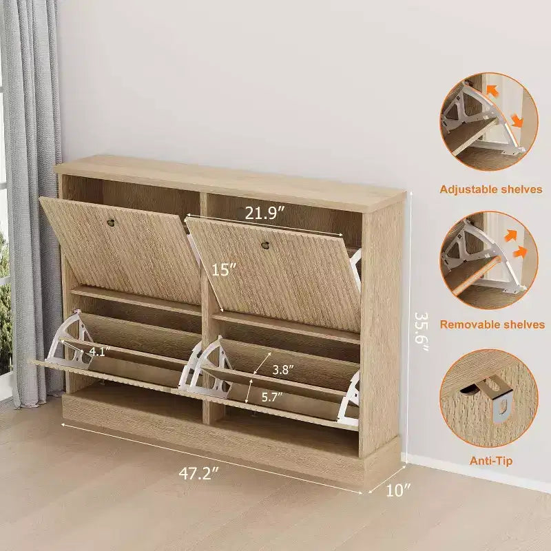 Scarpiera a 4 Ante con Design Scanalato, Ripiani Regolabili e Rimovibili, Mobile Organizzatore Salvaspazio per Scarpe e Piccoli Oggetti