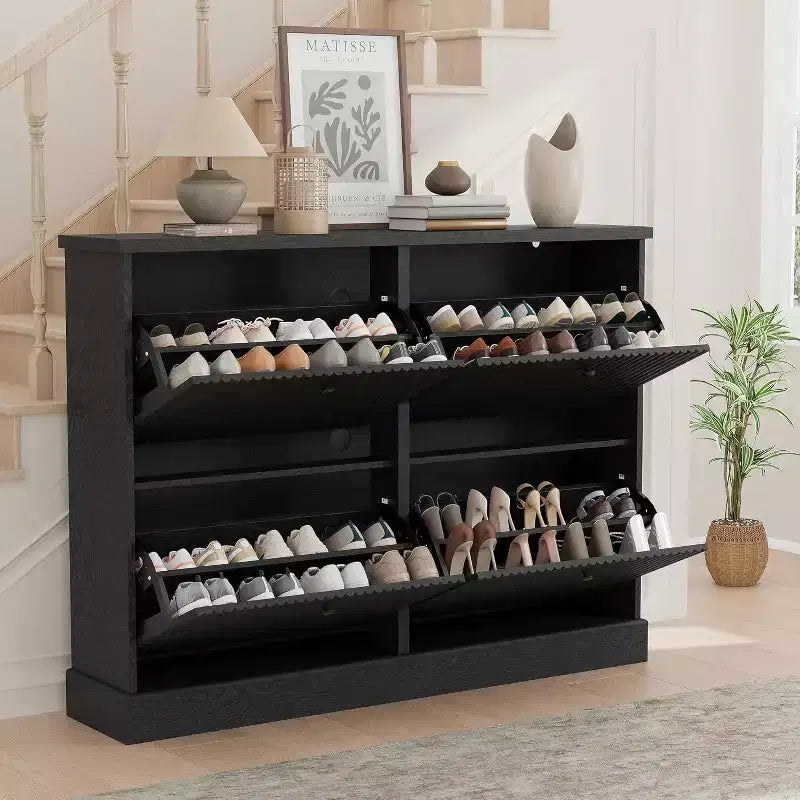 4-Drawer Shoe Cabinet with Fluted Design, Adjustable & Removable Shelves, Freestanding Narrow Entryway Organizer for Shoes and Small Items