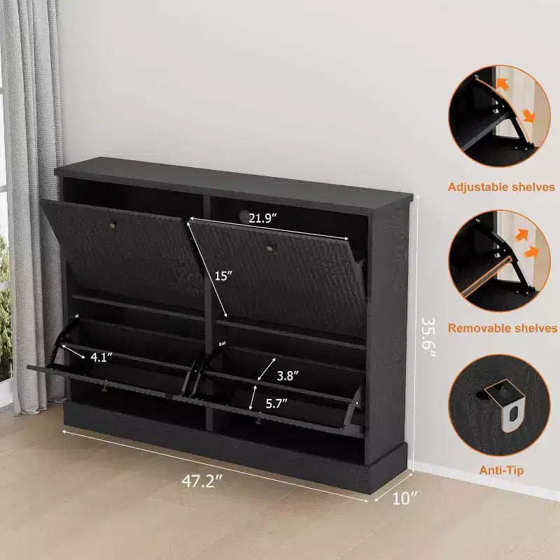 Scarpiera a 4 Ante con Design Scanalato, Ripiani Regolabili e Rimovibili, Mobile Organizzatore Salvaspazio per Scarpe e Piccoli Oggetti
