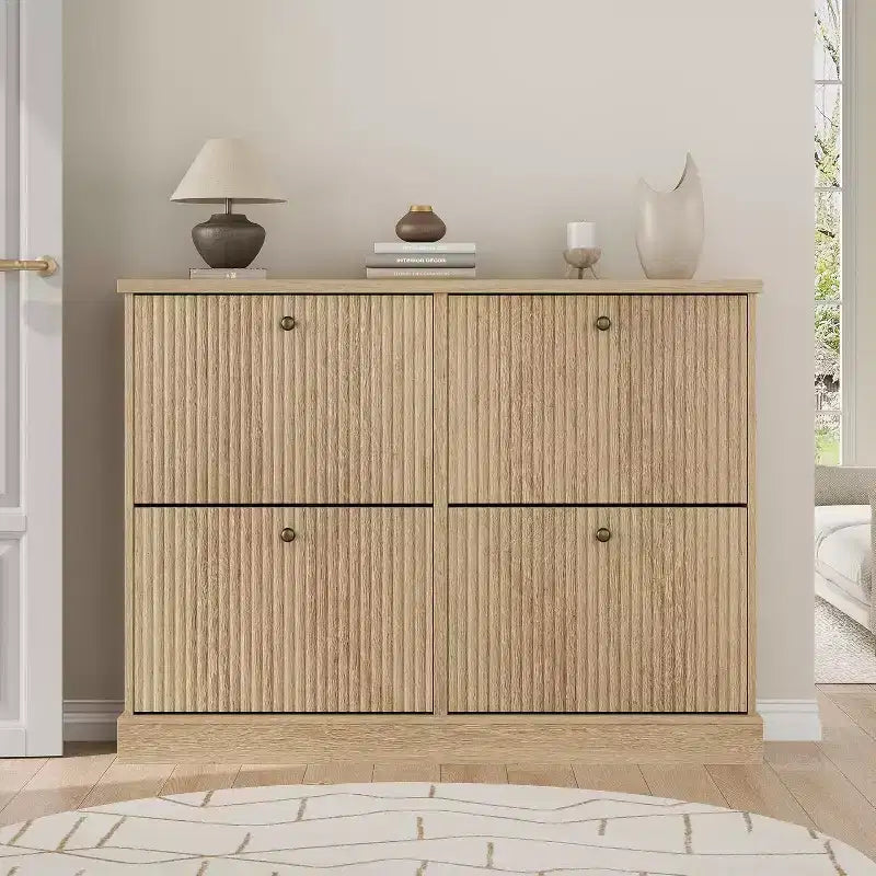 Scarpiera a 4 Ante con Design Scanalato, Ripiani Regolabili e Rimovibili, Mobile Organizzatore Salvaspazio per Scarpe e Piccoli Oggetti