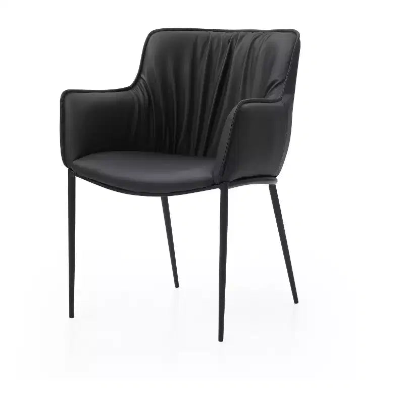 Black Faux Leather and Steel Dining Arm Chair with Solid Back and Contemporary Style