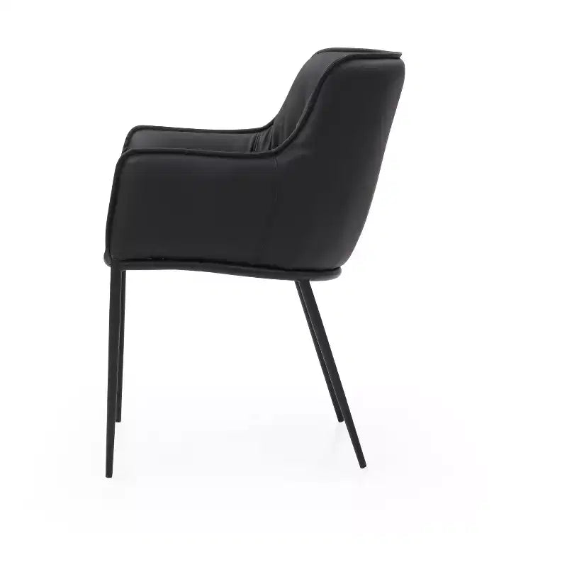 Black Faux Leather and Steel Dining Arm Chair with Solid Back and Contemporary Style
