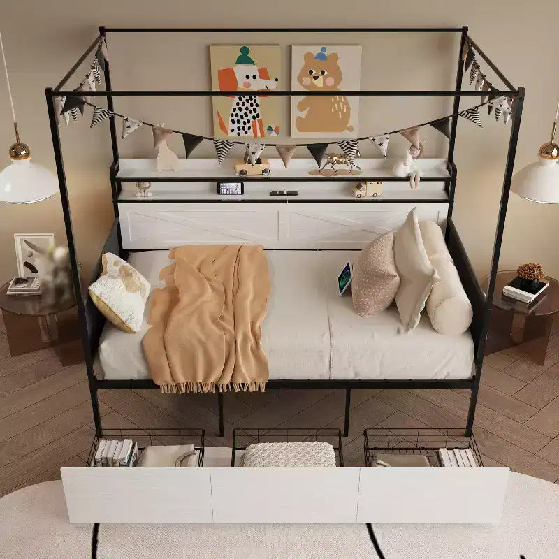 Letto singolo con letto estraibile, divano letto con struttura in metallo, doghe metalliche robuste, sponda di protezione, struttura rinforzata