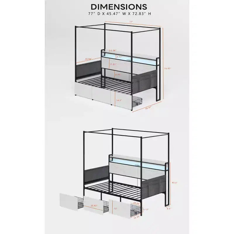 Twin Bed with Trundle, Metal Frame Sofa Bed, Heavy-Duty Metal Slats, Guardrail Shell, Reinforced Structure
