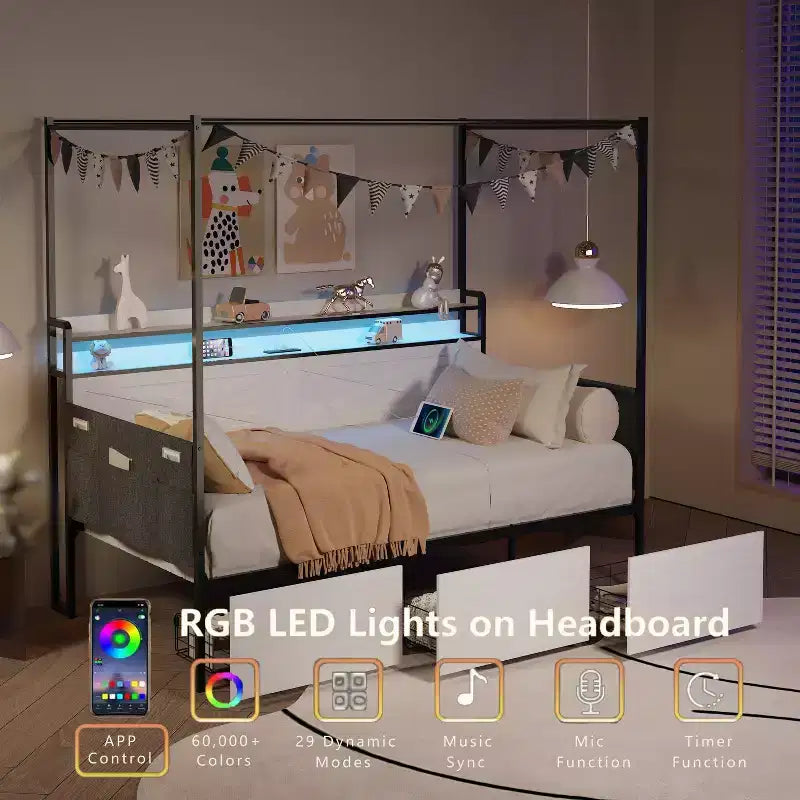 Twin Bed with Trundle, Metal Frame Sofa Bed, Heavy-Duty Metal Slats, Guardrail Shell, Reinforced Structure