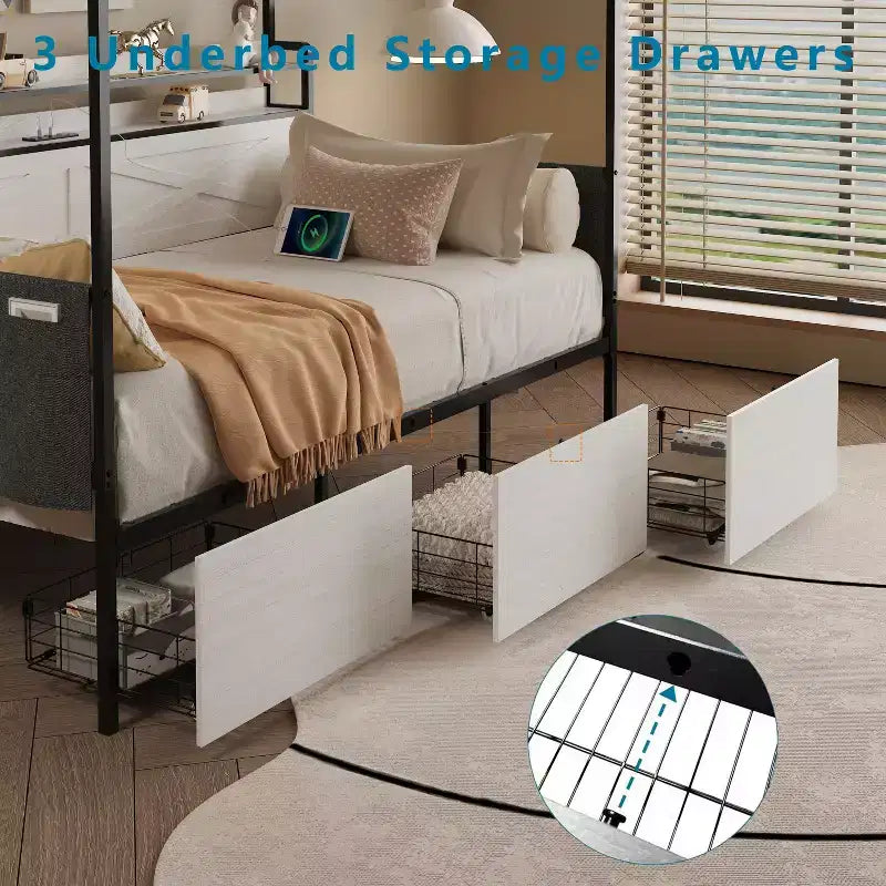 Letto singolo con letto estraibile, divano letto con struttura in metallo, doghe metalliche robuste, sponda di protezione, struttura rinforzata