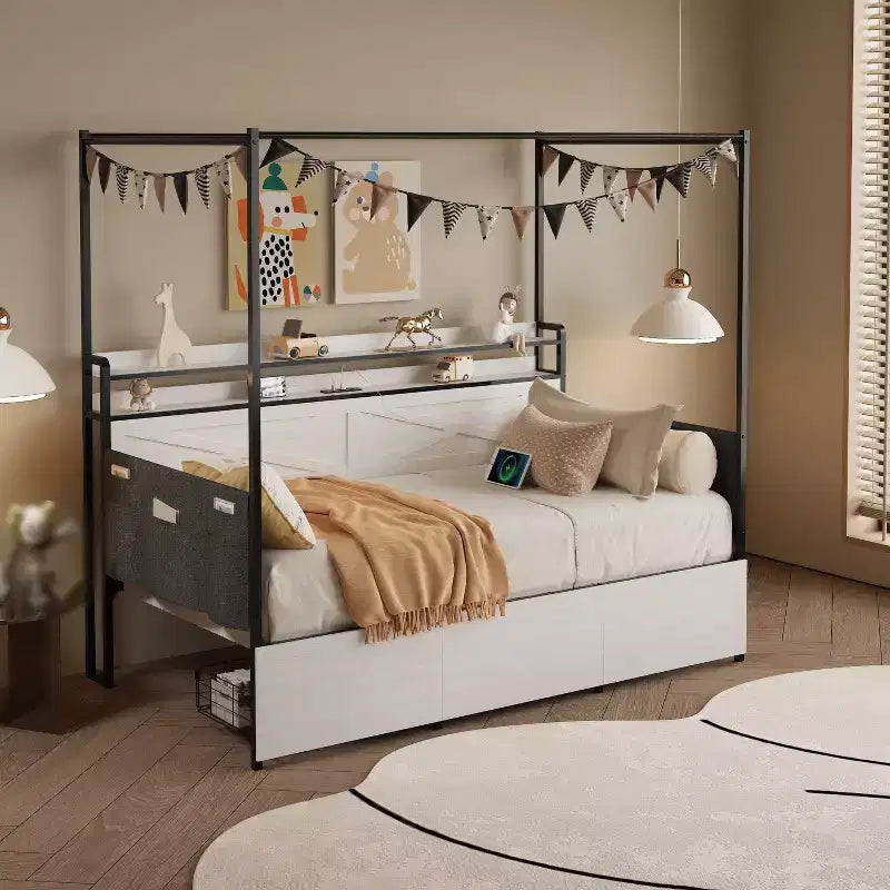 Twin Bed with Trundle, Metal Frame Sofa Bed, Heavy-Duty Metal Slats, Guardrail Shell, Reinforced Structure