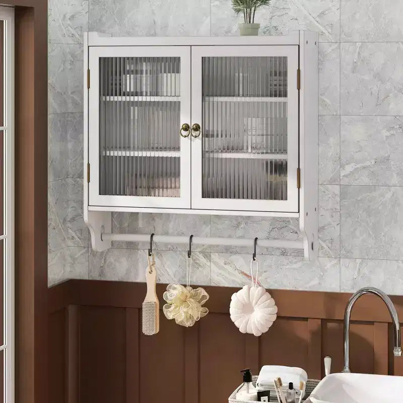 24.8-Inch Double Glass Door Vintage Kitchen Cabinet with 3-Tier Towel Rack, White