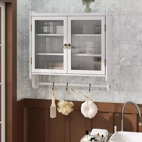 Mobiletto da Cucina Vintage con Doppia Porta in Vetro da 63 cm e Portasciugamani a 3 Livelli, Bianco