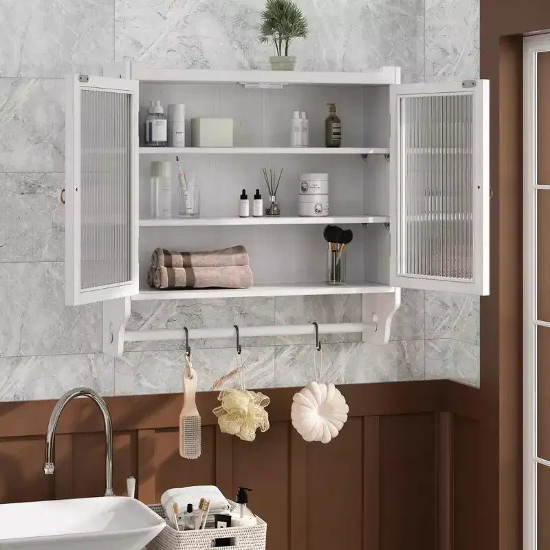 24.8-Inch Double Glass Door Vintage Kitchen Cabinet with 3-Tier Towel Rack, White