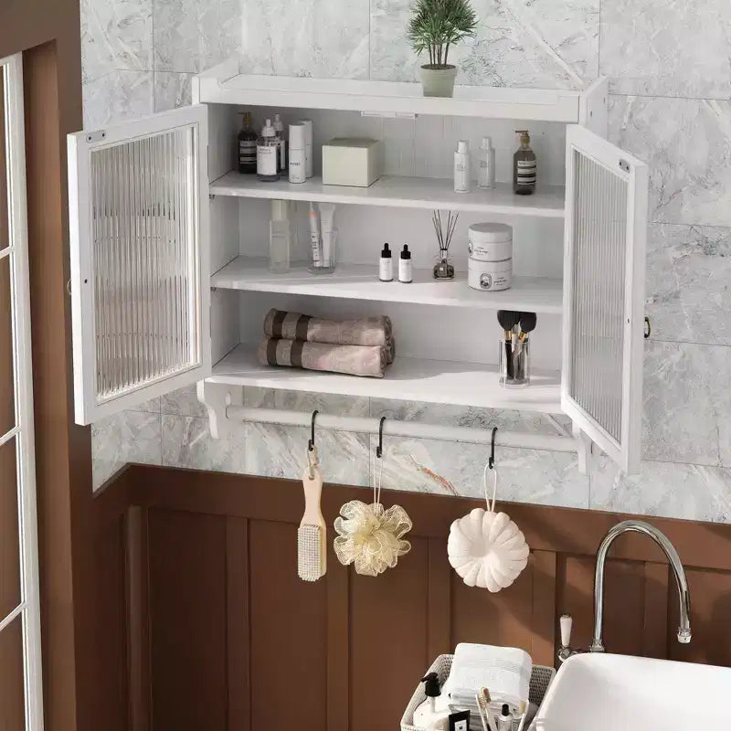 24.8-Inch Double Glass Door Vintage Kitchen Cabinet with 3-Tier Towel Rack, White