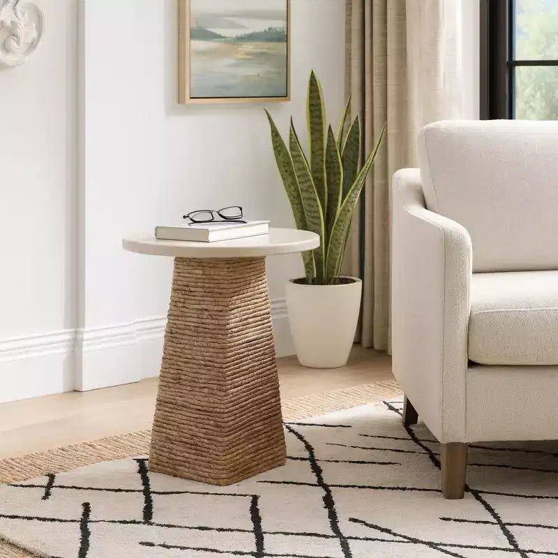 Tavolino Intrecciato con Piano in Pietra per Piccoli Spazi - Tavolino Unico Naturale per l'Arredamento della Camera da Letto o lo Styling del Soggiorno - 20, Beige e Avorio