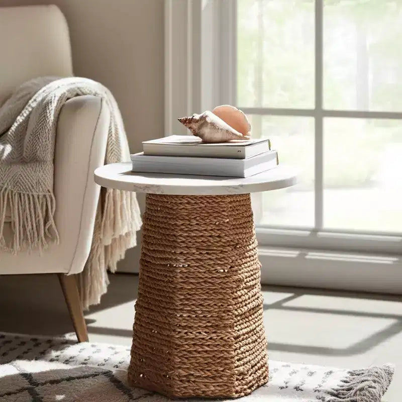 Tavolino Intrecciato con Piano in Pietra per Piccoli Spazi - Tavolino Unico Naturale per l'Arredamento della Camera da Letto o lo Styling del Soggiorno - 20, Beige e Avorio