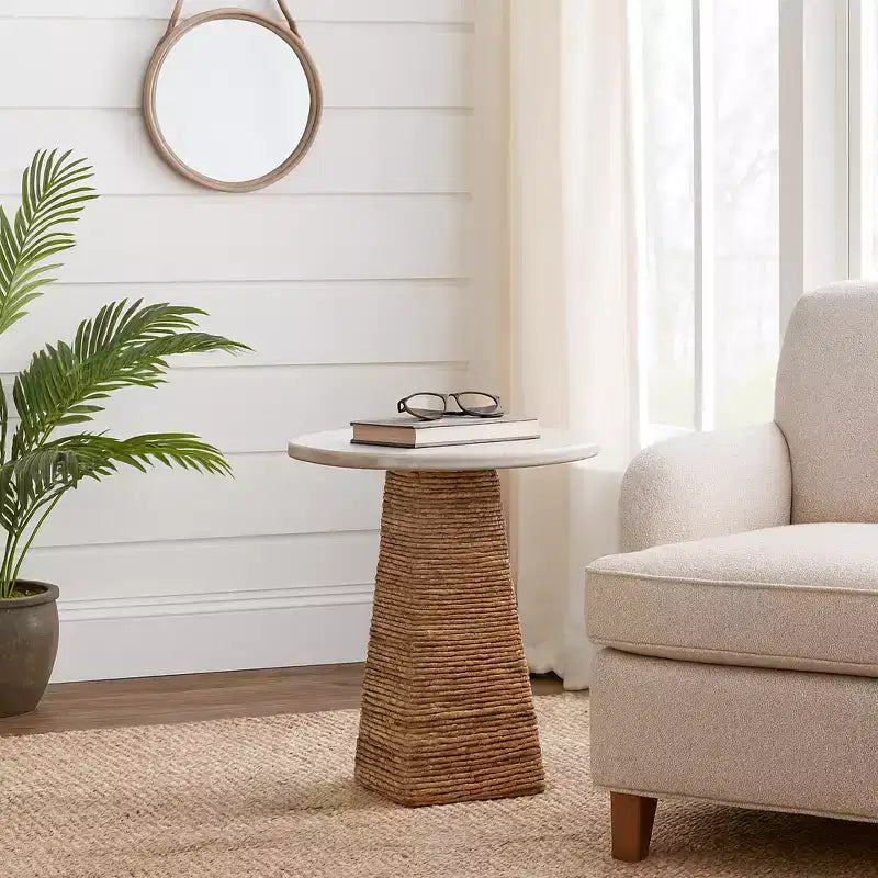 Tavolino Intrecciato con Piano in Pietra per Piccoli Spazi - Tavolino Unico Naturale per l'Arredamento della Camera da Letto o lo Styling del Soggiorno - 20, Beige e Avorio