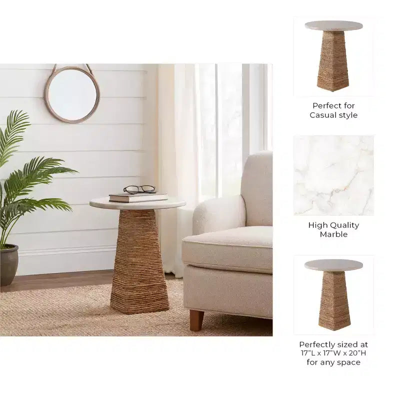 Tavolino Intrecciato con Piano in Pietra per Piccoli Spazi - Tavolino Unico Naturale per l'Arredamento della Camera da Letto o lo Styling del Soggiorno - 20, Beige e Avorio