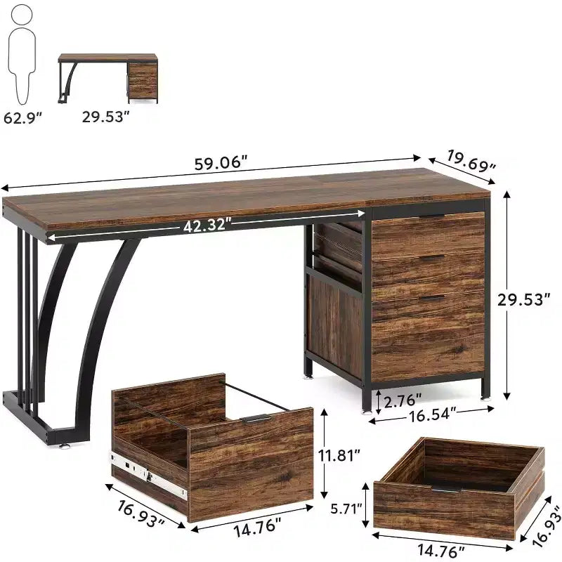 59-Inch Computer Desk with 3 Reversible Drawers & File Storage, Industrial Rustic Brown Home Office Desk