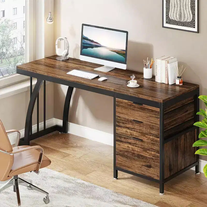 59-Inch Computer Desk with 3 Reversible Drawers & File Storage, Industrial Rustic Brown Home Office Desk