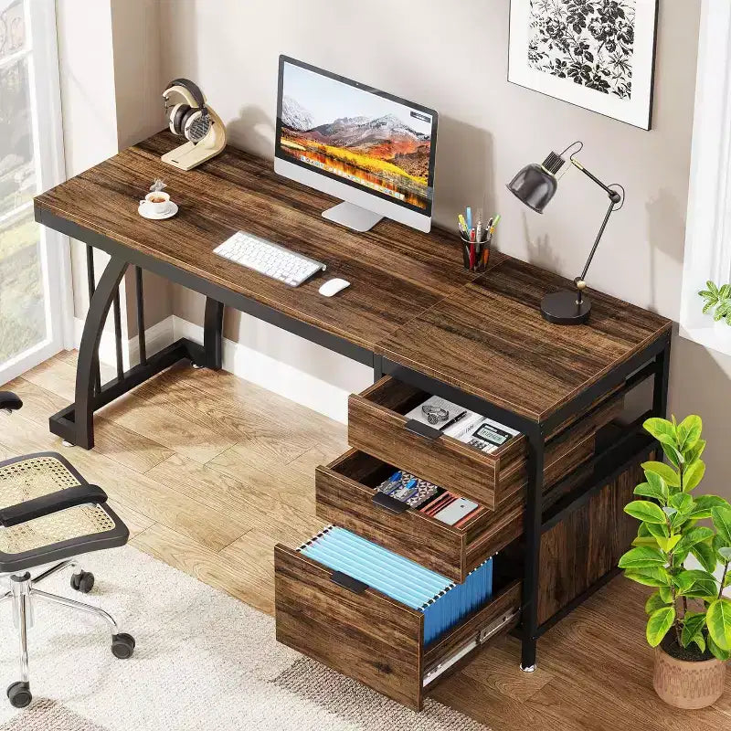 59-Inch Computer Desk with 3 Reversible Drawers & File Storage, Industrial Rustic Brown Home Office Desk