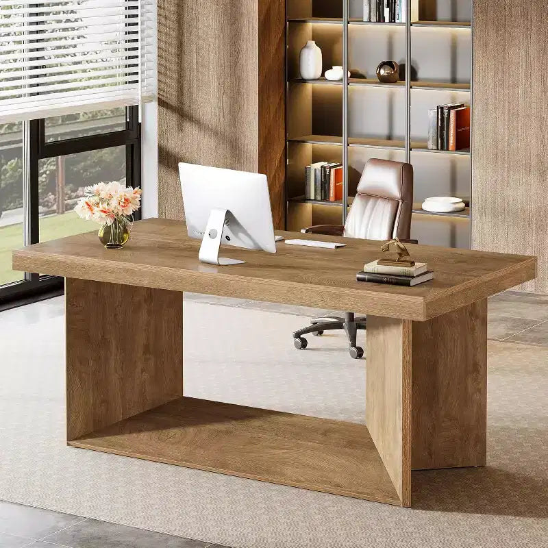 63-Inch Executive Desk with Heavy Duty Pedestal, Farmhouse Workstation for Home Office, Rustic Brown