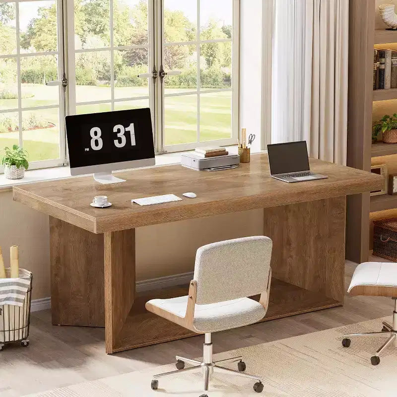 63-Inch Executive Desk with Heavy Duty Pedestal, Farmhouse Workstation for Home Office, Rustic Brown