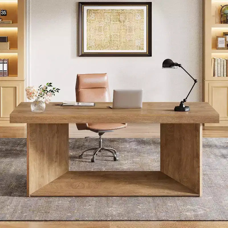 Scrivania direzionale da 160 cm con piedistallo per impieghi gravosi, workstation da fattoria per ufficio domestico, marrone rustico