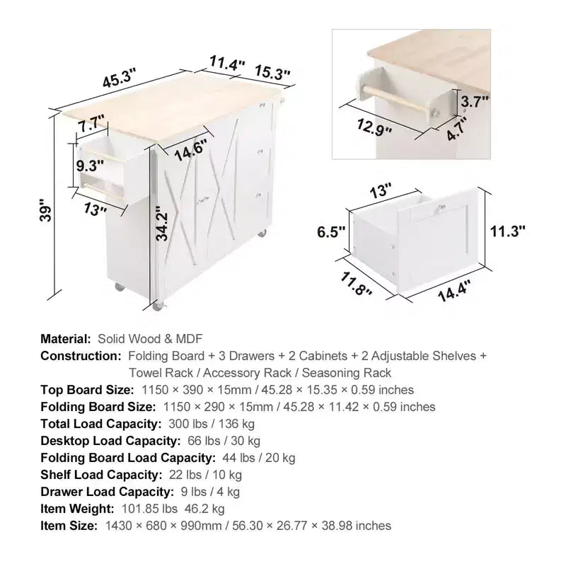 Carrello da Cucina su Ruote con Piano in Legno Massello, Carrello da Cucina da 45,3 con Armadietto Contenitore, Ribalta, Cassetto e Portaspezie, Bianco