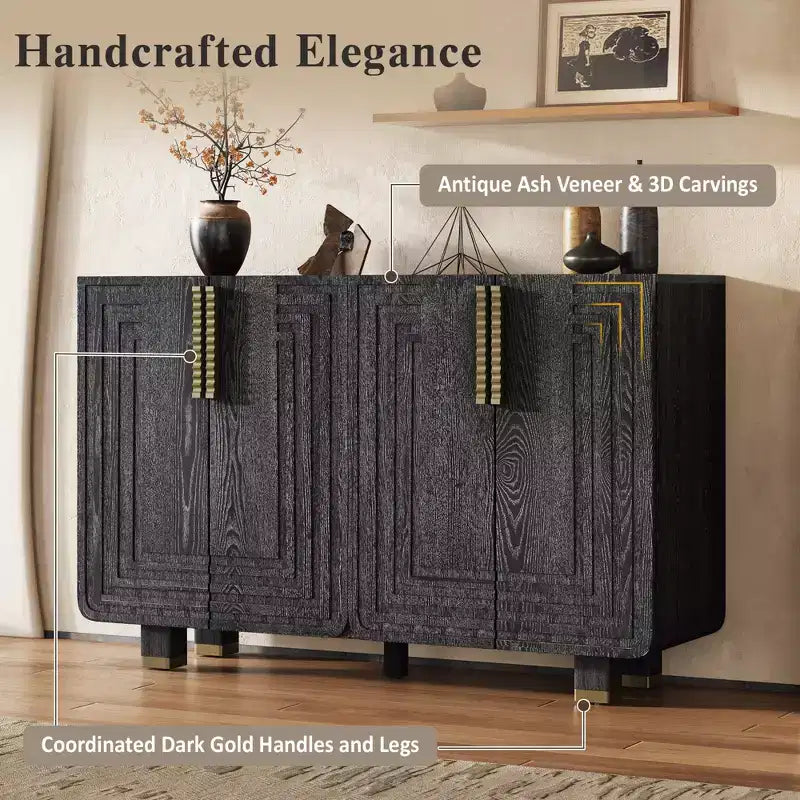 54-Inch Vintage-Style Sideboard with Storage, 4-Door Vintage Recessed Sideboard with Adjustable Shelves, Suitable for Dining Room, Kitchen