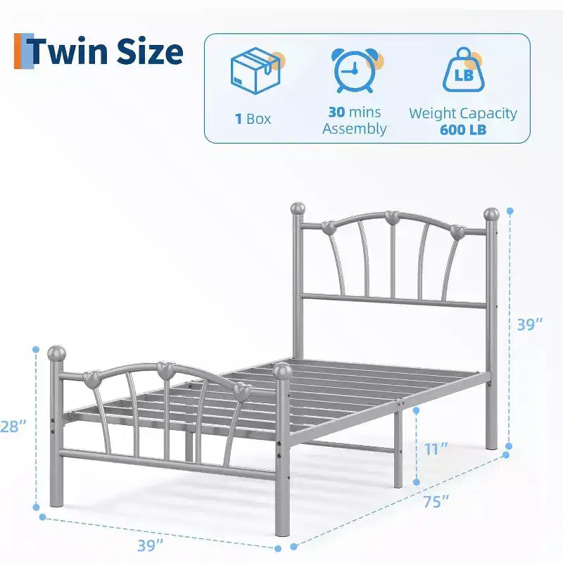 Twin Size Bed with Headboard and Footboard, Heart Shaped Platform Bed Frames, Heavy Metal Slat Support, Noiseless, No Box Spring Needed