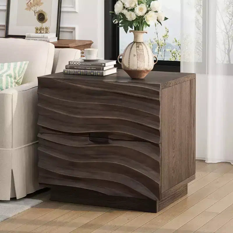 Comodino Moderno in Legno con 2 Cassetti Curvi e Guide Metalliche Silenziose per Camera da Letto