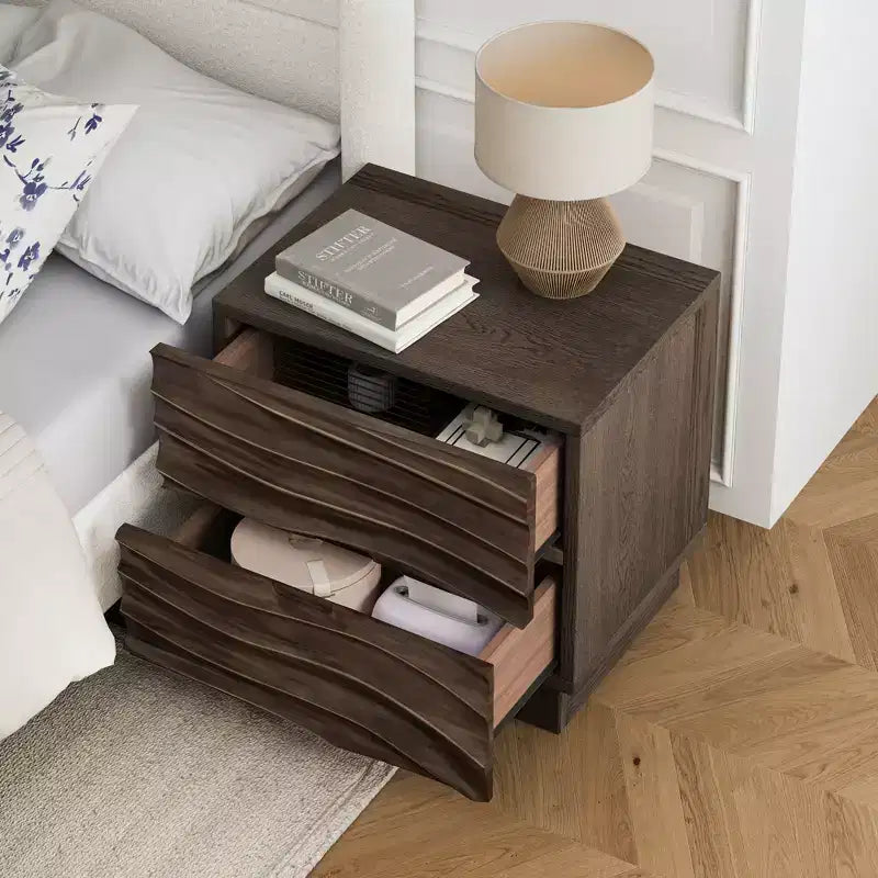 Comodino Moderno in Legno con 2 Cassetti Curvi e Guide Metalliche Silenziose per Camera da Letto