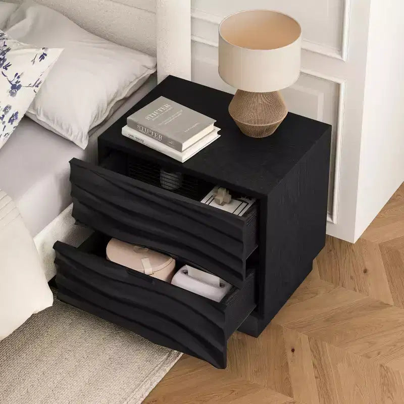 Comodino Moderno in Legno con 2 Cassetti Curvi e Guide Metalliche Silenziose per Camera da Letto
