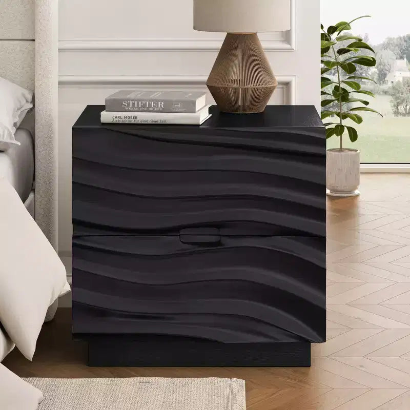 Comodino Moderno in Legno con 2 Cassetti Curvi e Guide Metalliche Silenziose per Camera da Letto