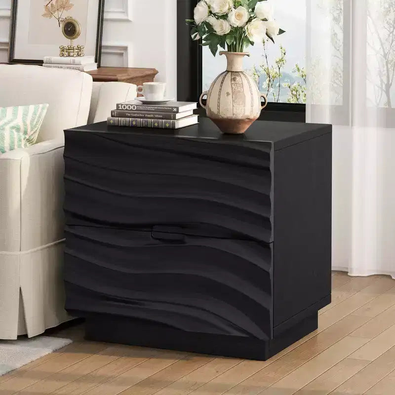 Comodino Moderno in Legno con 2 Cassetti Curvi e Guide Metalliche Silenziose per Camera da Letto