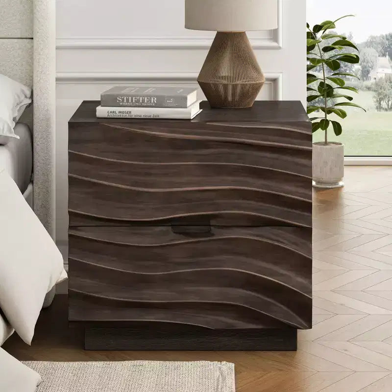 Comodino Moderno in Legno con 2 Cassetti Curvi e Guide Metalliche Silenziose per Camera da Letto