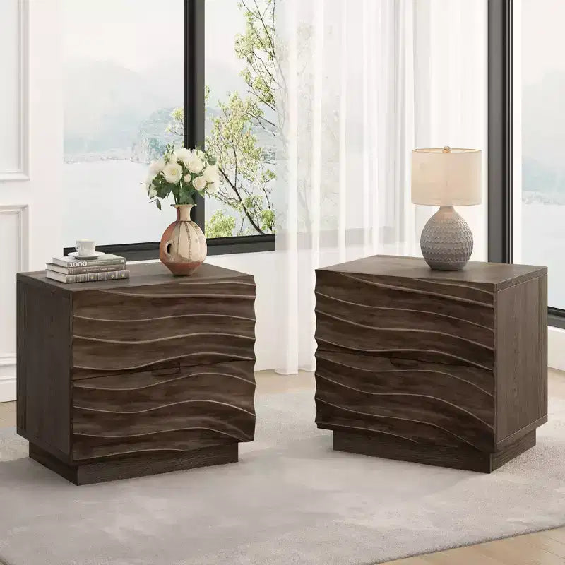Comodino Moderno in Legno con 2 Cassetti Curvi e Guide Metalliche Silenziose per Camera da Letto