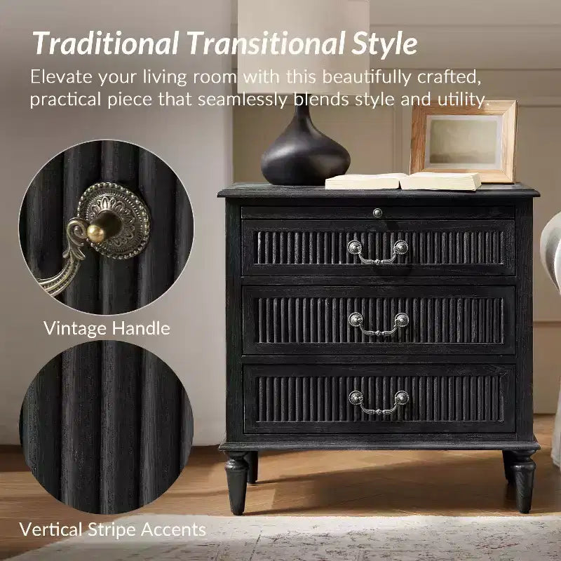 Comodino a 3 cassetti con presa integrata, comodino da fattoria in legno massiccio con frontale del cassetto scanalato