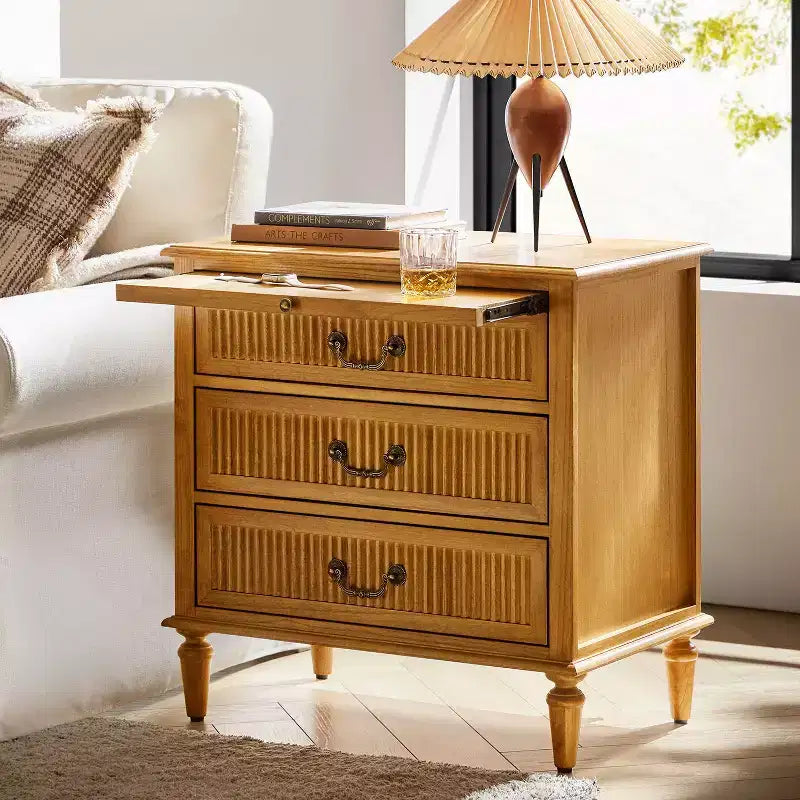 3-Drawer End Table with Built-In Outlet, Solid Wood Farmhouse Nightstand with Fluted Drawer Front