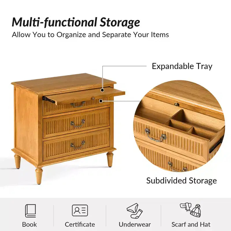 3-Drawer End Table with Built-In Outlet, Solid Wood Farmhouse Nightstand with Fluted Drawer Front