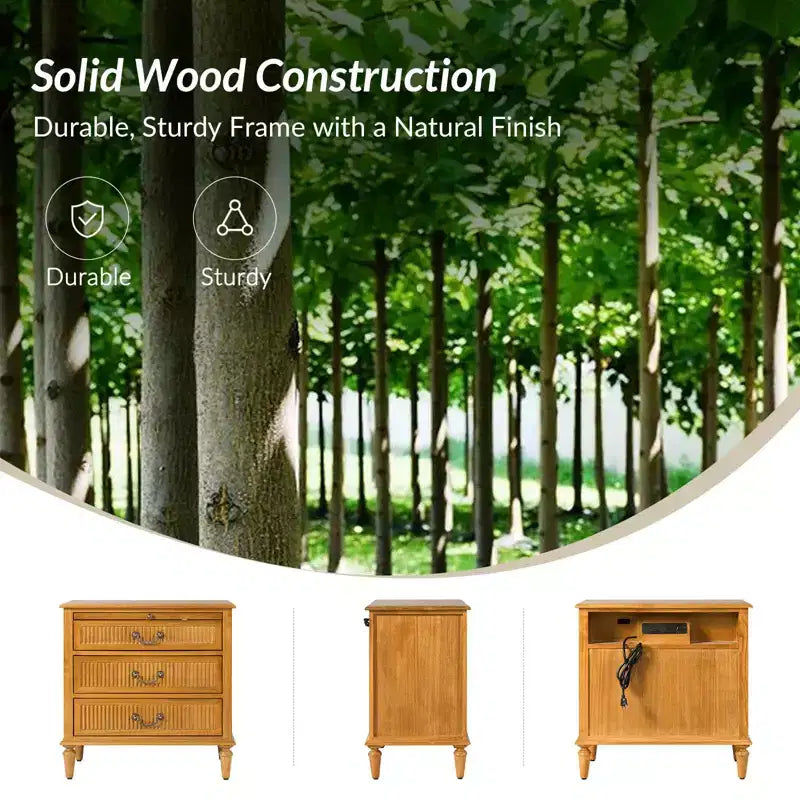 3-Drawer End Table with Built-In Outlet, Solid Wood Farmhouse Nightstand with Fluted Drawer Front