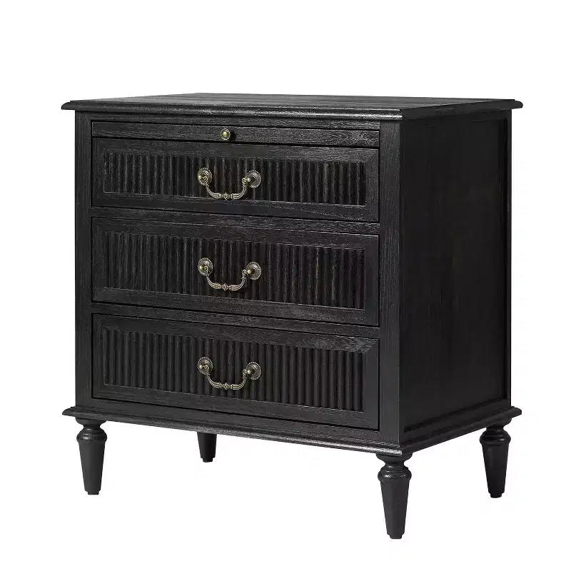3-Drawer End Table with Built-In Outlet, Solid Wood Farmhouse Nightstand with Fluted Drawer Front
