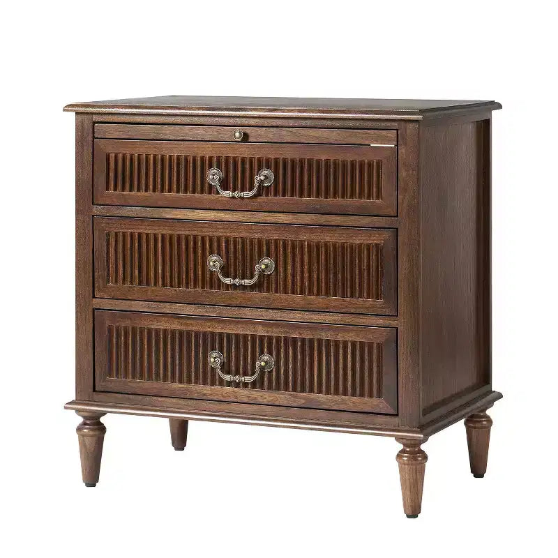 3-Drawer End Table with Built-In Outlet, Solid Wood Farmhouse Nightstand with Fluted Drawer Front