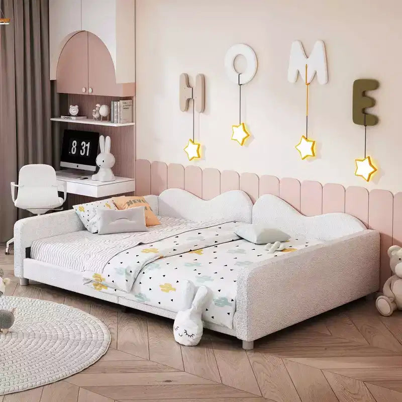 Letto Matrimoniale Imbottito con Schienale a Forma di Nuvola per Camera da Letto, Bianco