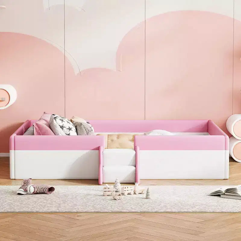 Twin/Full/Queen Size Floor Daybed Frame with Fence and Stairs, PU Upholstered Floor Bedframe for Girls Boys for Living Room