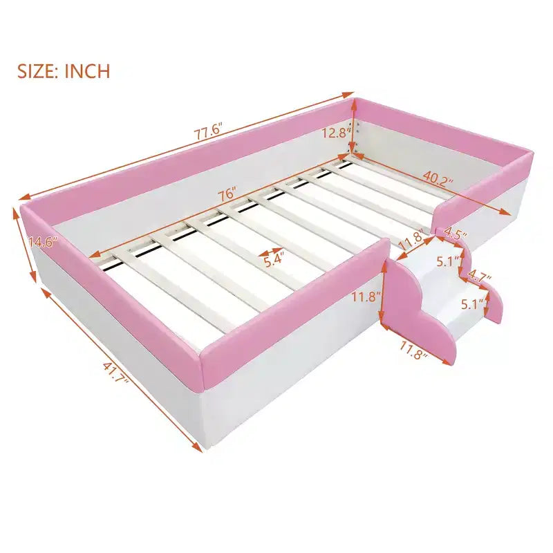 Twin/Full/Queen Size Floor Daybed Frame with Fence and Stairs, PU Upholstered Floor Bedframe for Girls Boys for Living Room