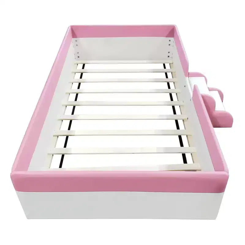 Twin/Full/Queen Size Floor Daybed Frame with Fence and Stairs, PU Upholstered Floor Bedframe for Girls Boys for Living Room