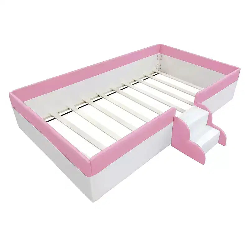 Twin/Full/Queen Size Floor Daybed Frame with Fence and Stairs, PU Upholstered Floor Bedframe for Girls Boys for Living Room