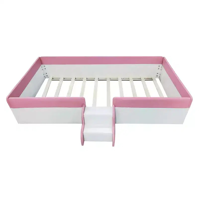 Struttura letto a pavimento Twin/Full/Queen Size con recinzione e scale, giroletto a pavimento imbottito in PU per bambine e bambini, per soggiorno