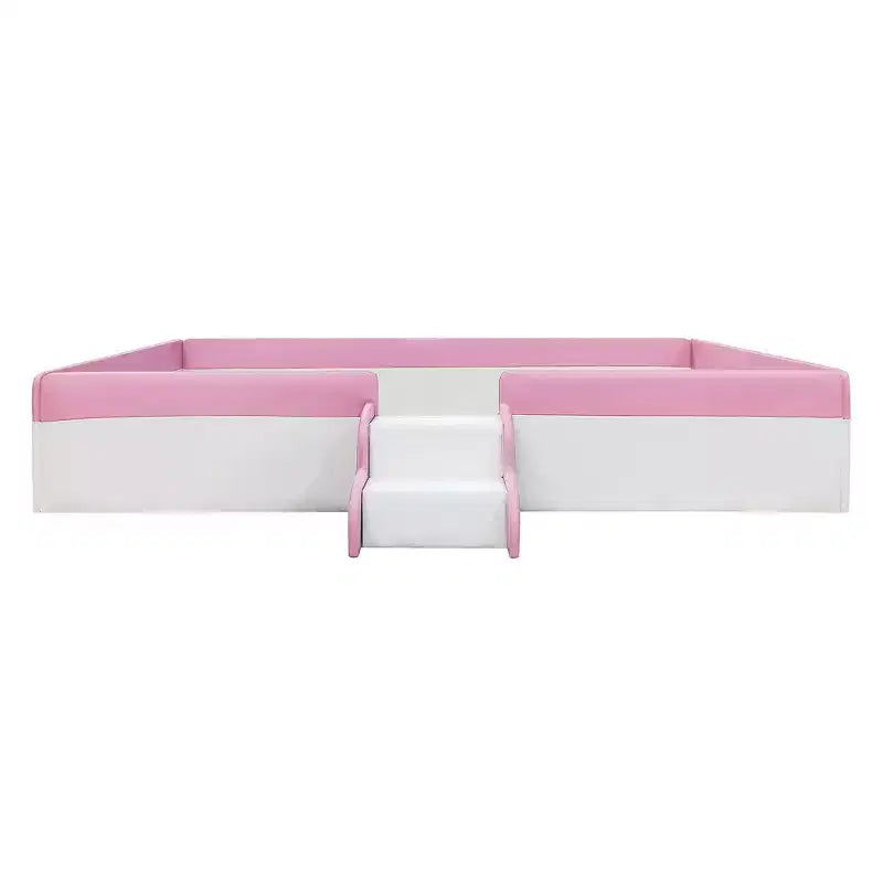 Struttura letto a pavimento Twin/Full/Queen Size con recinzione e scale, giroletto a pavimento imbottito in PU per bambine e bambini, per soggiorno
