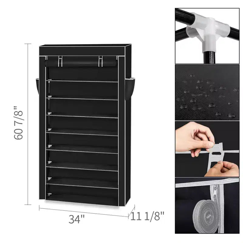 Scarpiera a 10 livelli con copertura antipolvere Armadietto portascarpe Organizzatore Nero