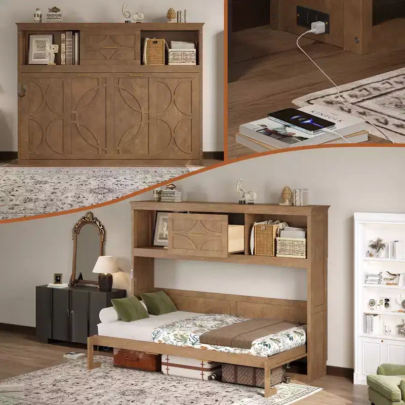 Letto a scomparsa singolo con mensole portaoggetti, letto a scomparsa singolo in legno con stazione di ricarica e cassetto, letto a cassettone pieghevole per camera degli ospiti